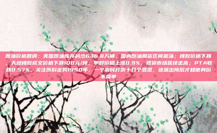 原油价格回调：美国原油库存减少636.8万桶，国内原油期货区间震荡；橡胶价格下跌，天然橡胶成交价格下跌100元/吨；甲醇价格上涨0.9%，现货市场延续走高；PTA收跌0.57%，关注原料走势1990年，一个农民打倒十几个混混，进派出所后才知他身份不简单